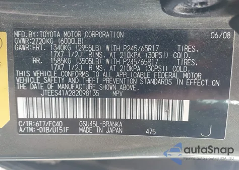 2008 Toyota Highlander z USA, uszkodzony, nr VIN JTEES41A282098135